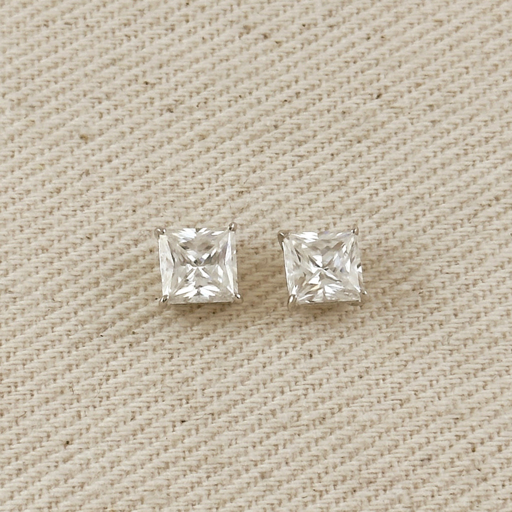 .925 Sterling Silver Rhodium Plated 6.0 mm Princess Cut Moissanite Stud
