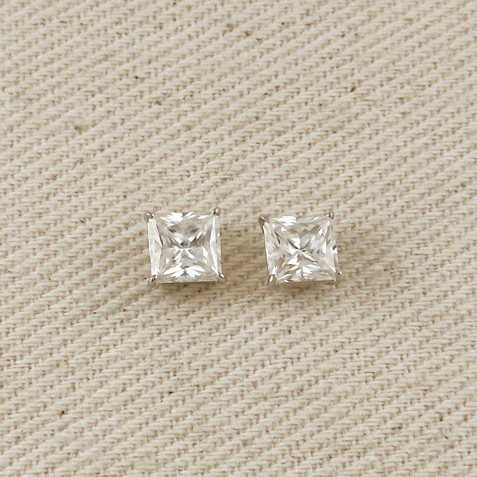 .925 Sterling Silver Rhodium Plated 6.0 mm Princess Cut Moissanite Stud