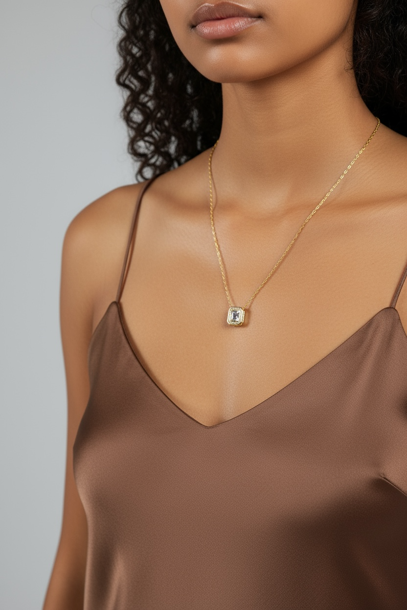 18K Gold Vermeil Bezel Princess Cut CZ Necklace