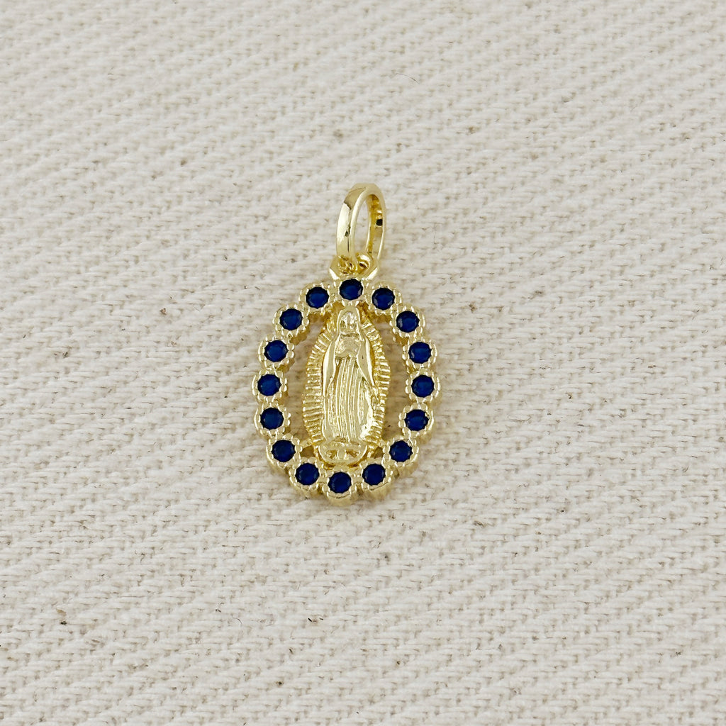 18k Gold Filled Lady of Guadalupe Pendant with Sapphire CZ Stones