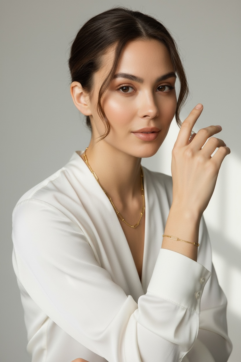 Woman wearing a white shirt and gold jewelry against a neutral background