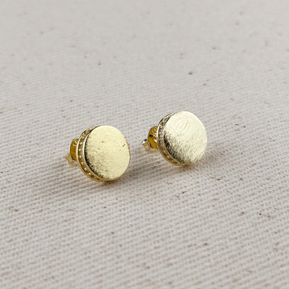 18k Gold Filled Brushed Button Stud Earrings With CZ Detail