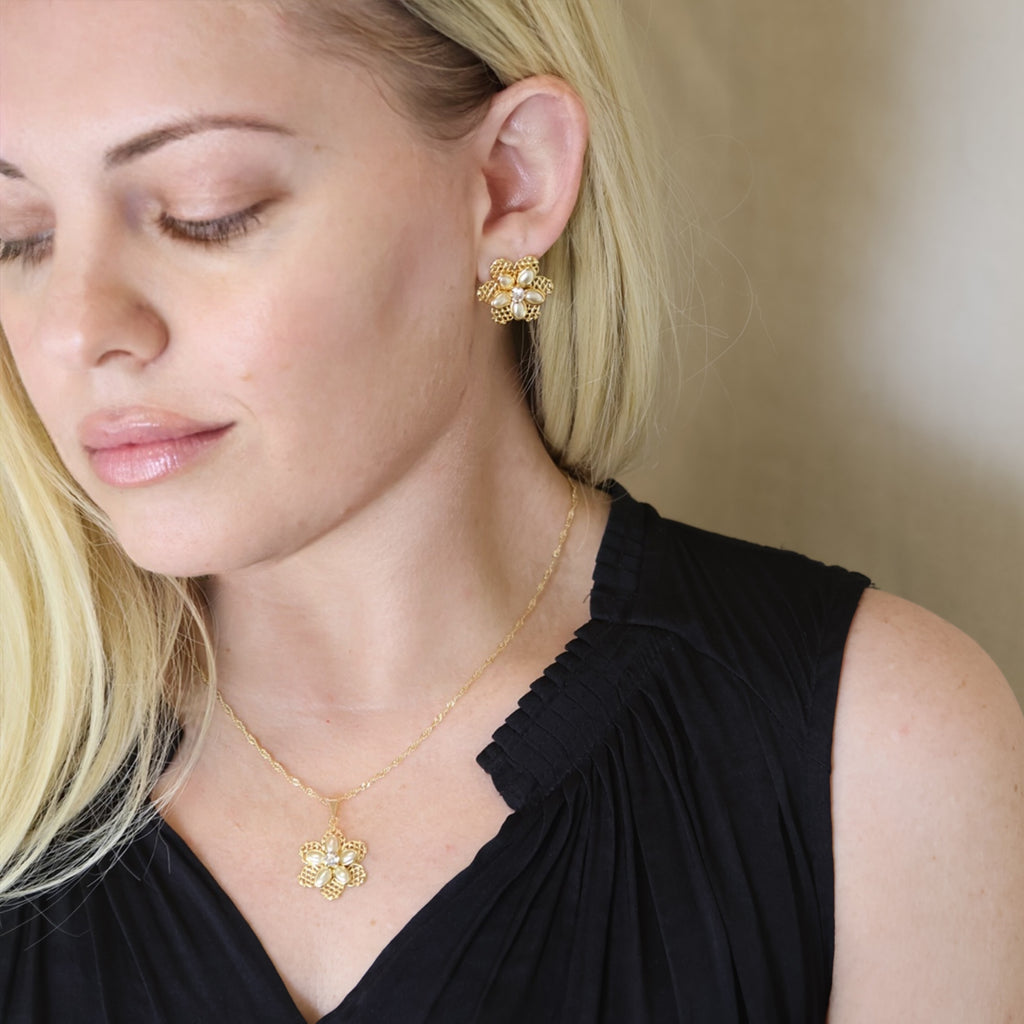 18k Gold Filled Mesh Flower Necklace and Earring Set