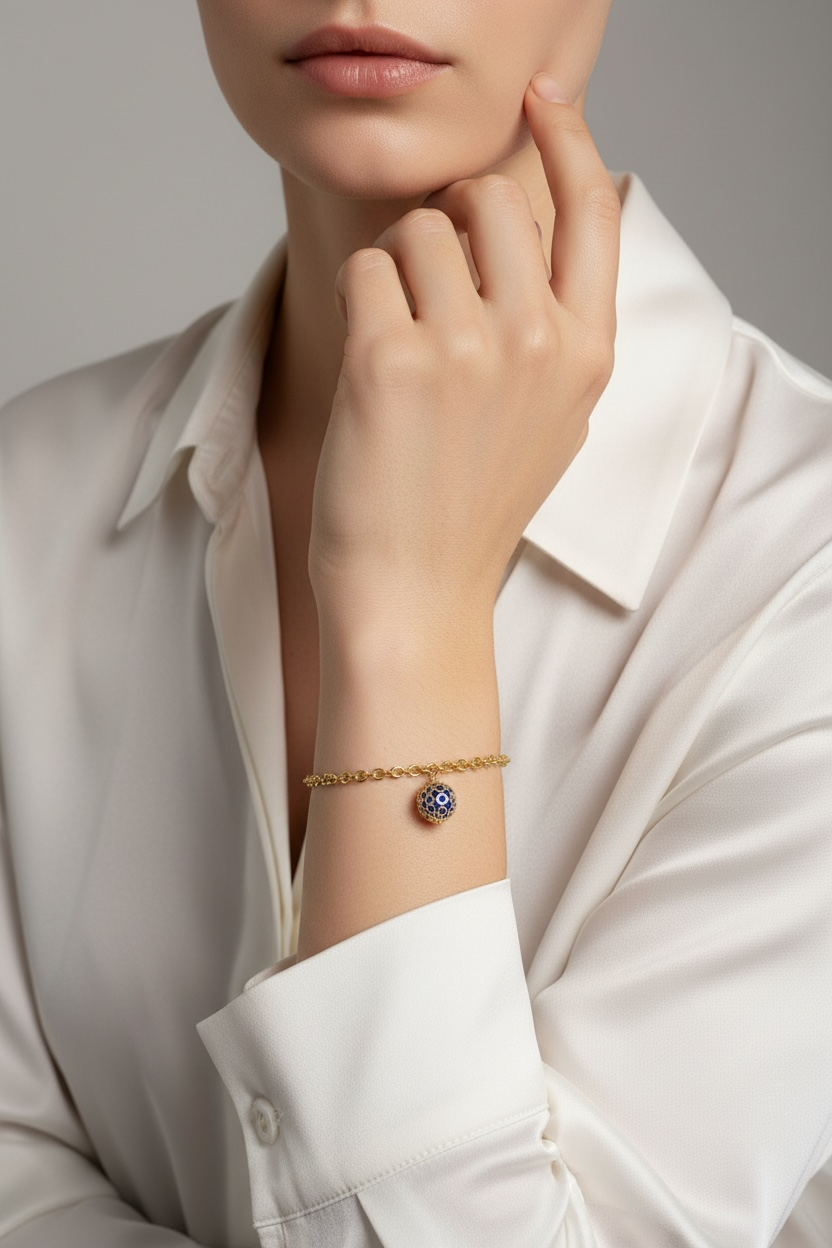 Rollo Chain With Crystal Ball Charm Bracelet