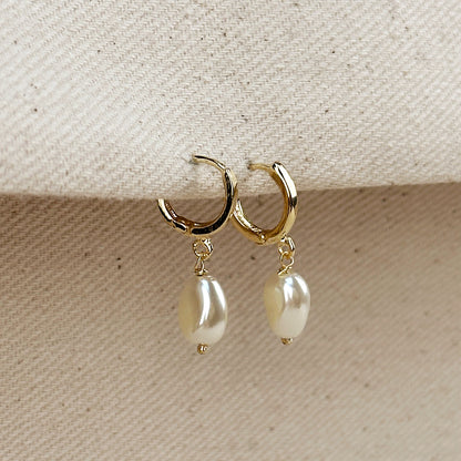 18k Gold Filled Drop Baroque Pearl Hoop Earrings