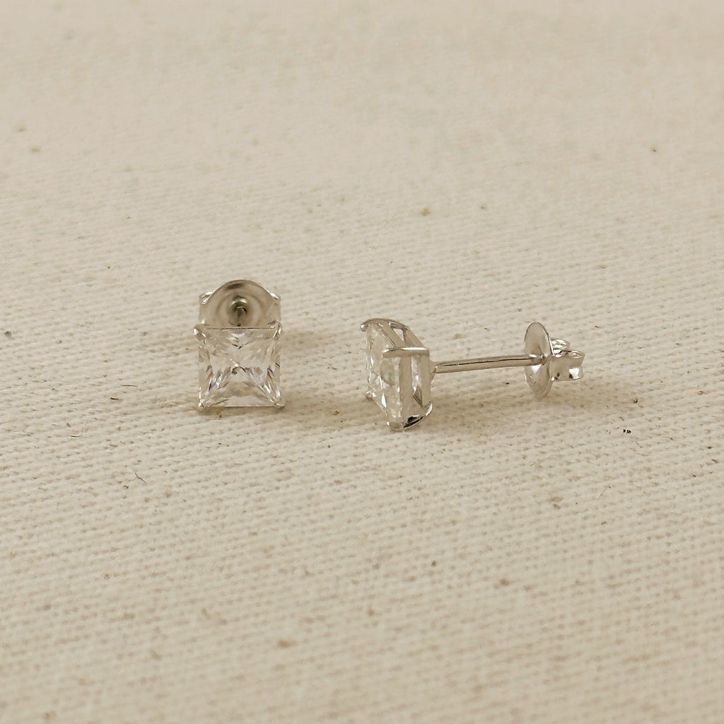 .925 Sterling Silver Rhodium Plated 6.0 mm Princess Cut Moissanite Stud