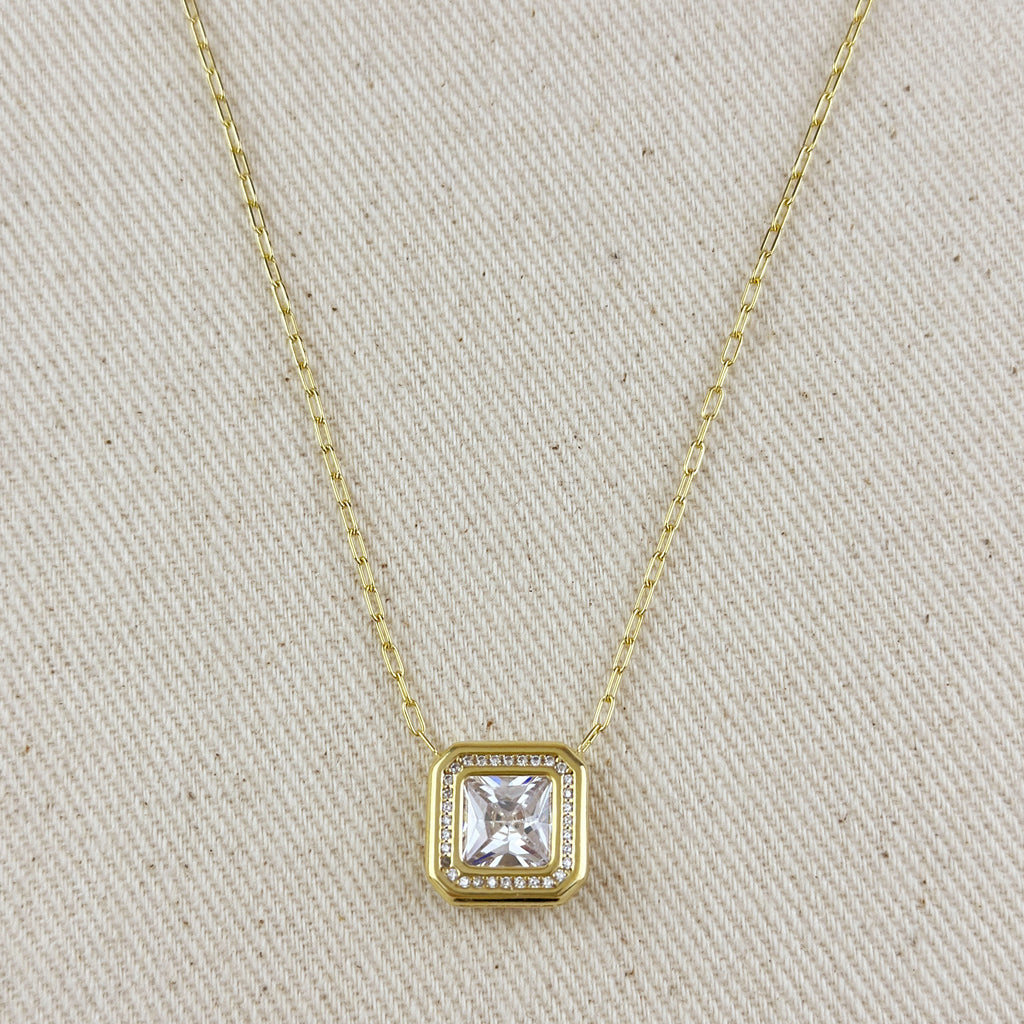 18K Gold Vermeil Bezel Princess Cut CZ Necklace