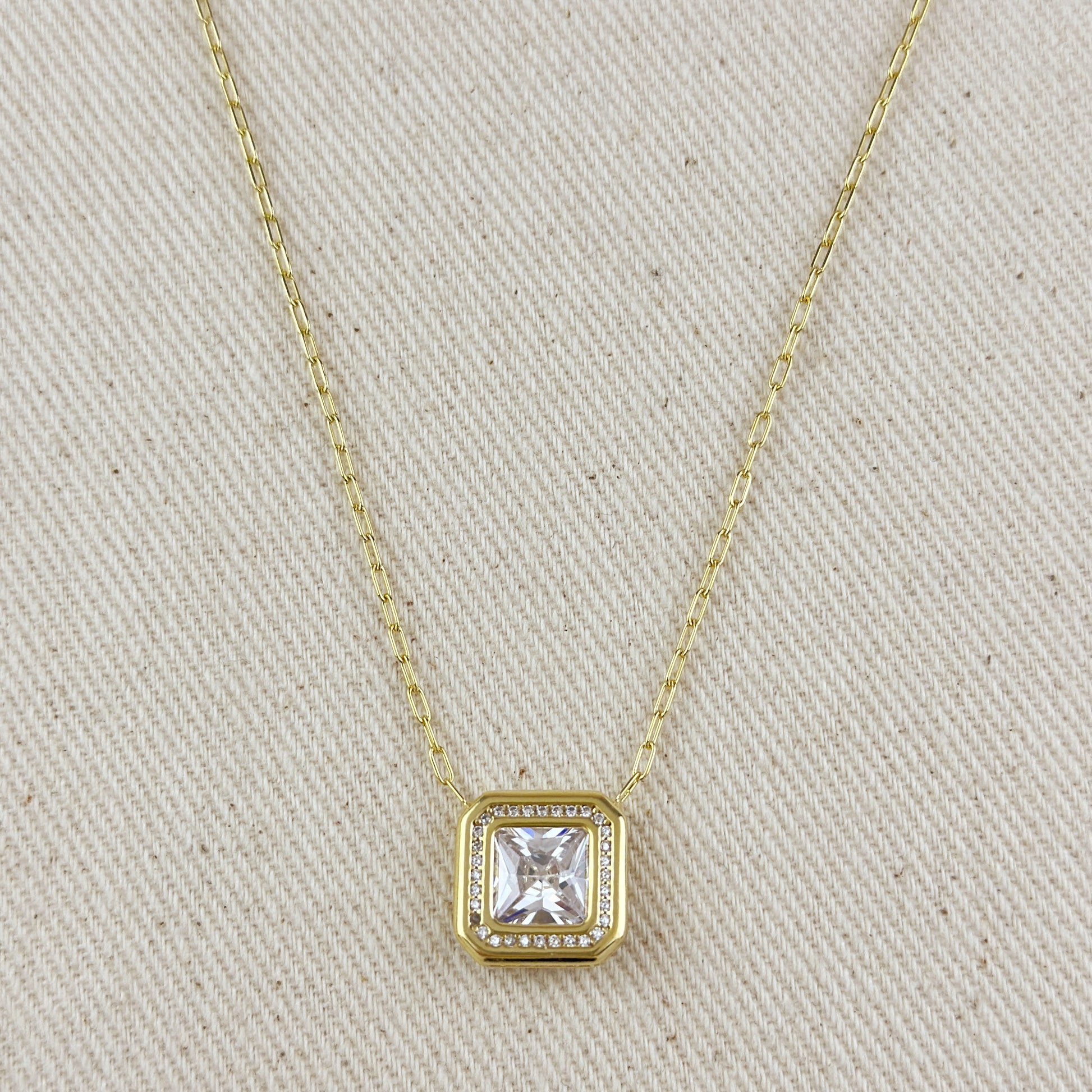 18K Gold Vermeil Bezel Princess Cut CZ Necklace