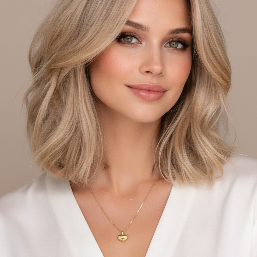 Woman with styled blonde hair wearing a white top and gold necklace on a neutral background