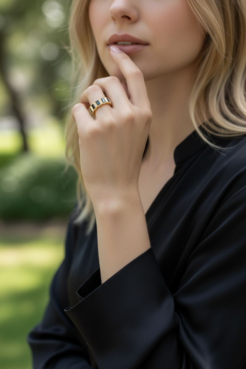 18k Gold Filled Chunky Black Onyx CZ Eternity Band Ring