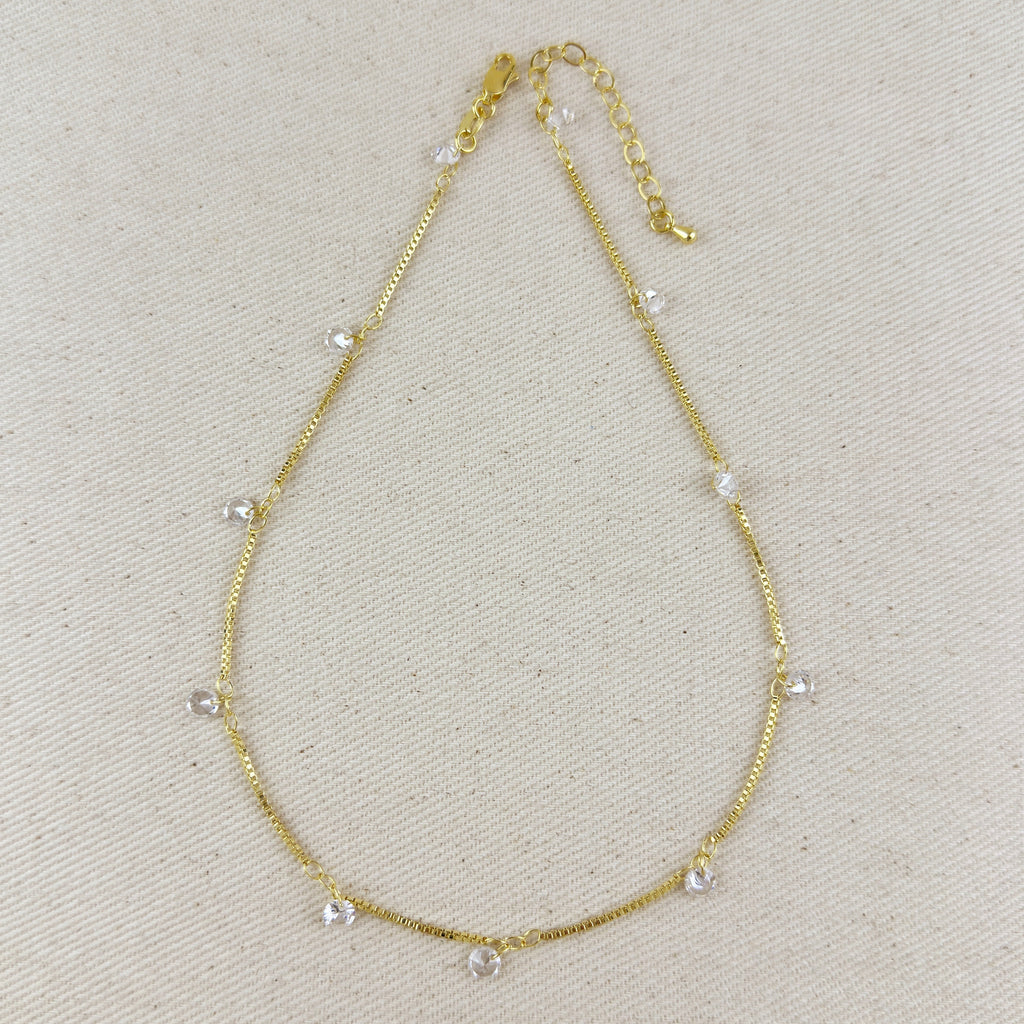 18k Gold Filled  Box Chain & Dangling CZ Stones Necklace
