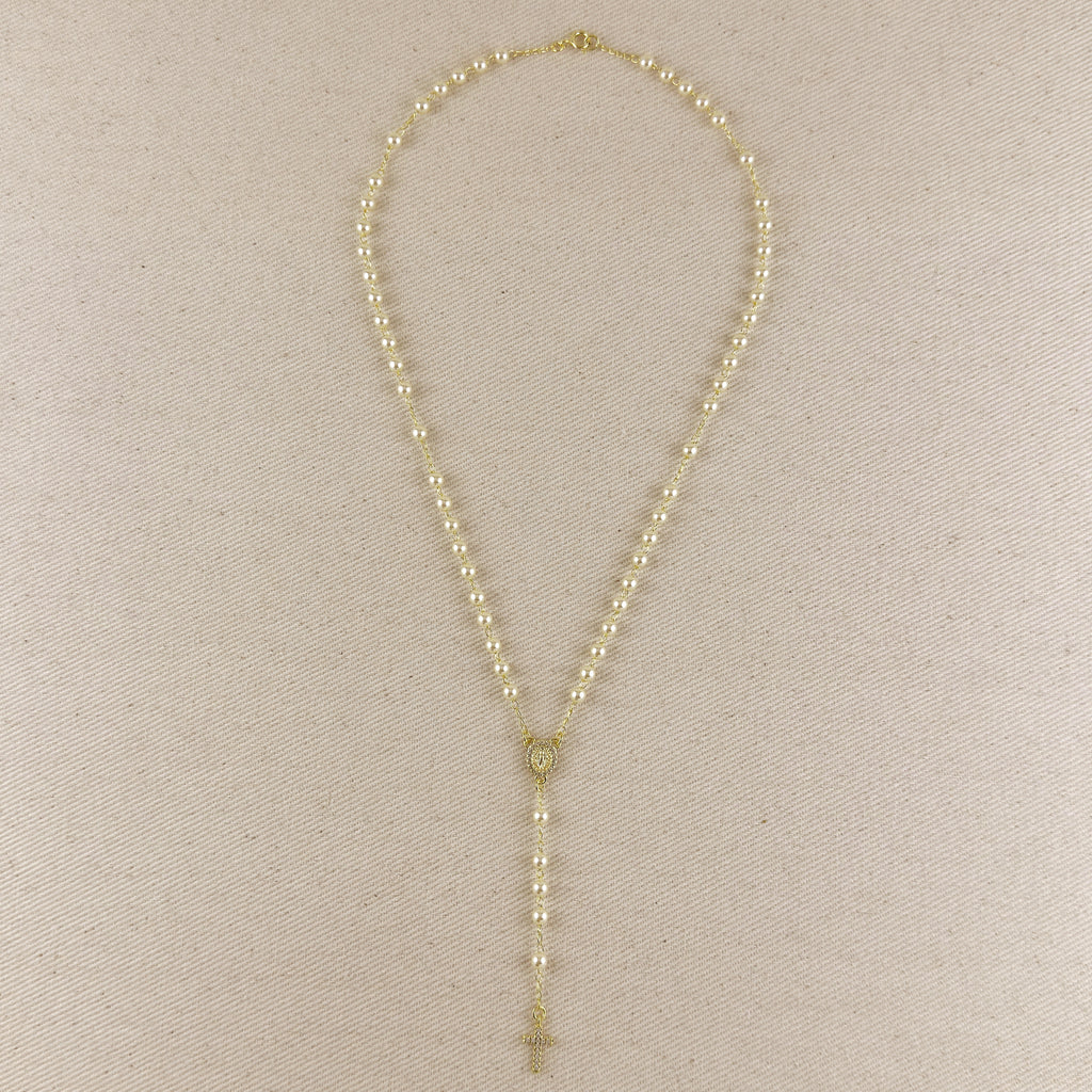 18k Gold Filled Shell Pearl Lady of Grace Rosary Necklace