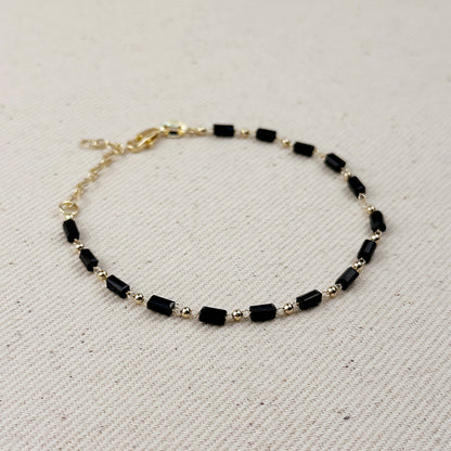 18k Gold Filled 2 mm Black Baguette & Beads Bracelet