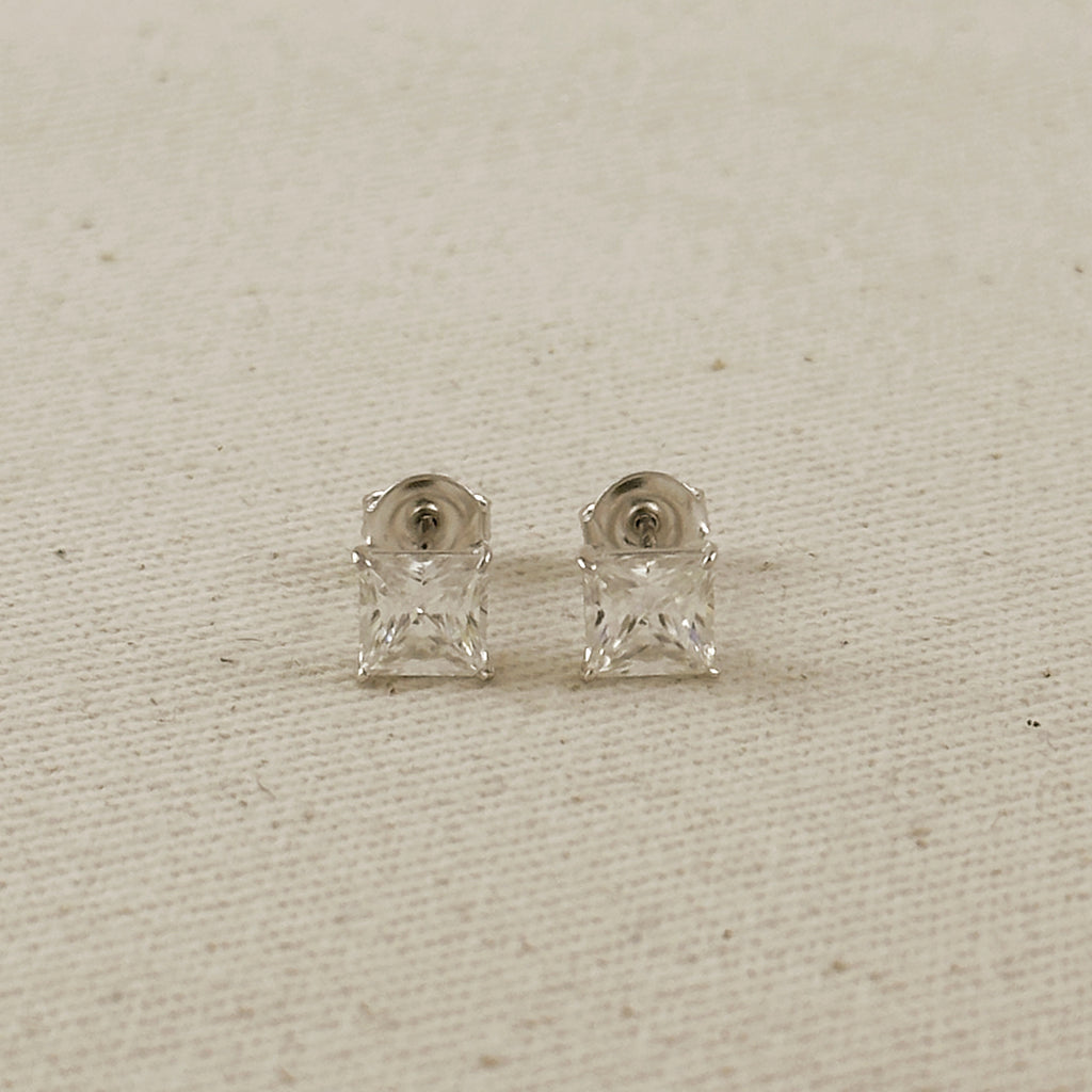 .925 Sterling Silver Rhodium Plated 6.0 mm Princess Cut Moissanite Stud