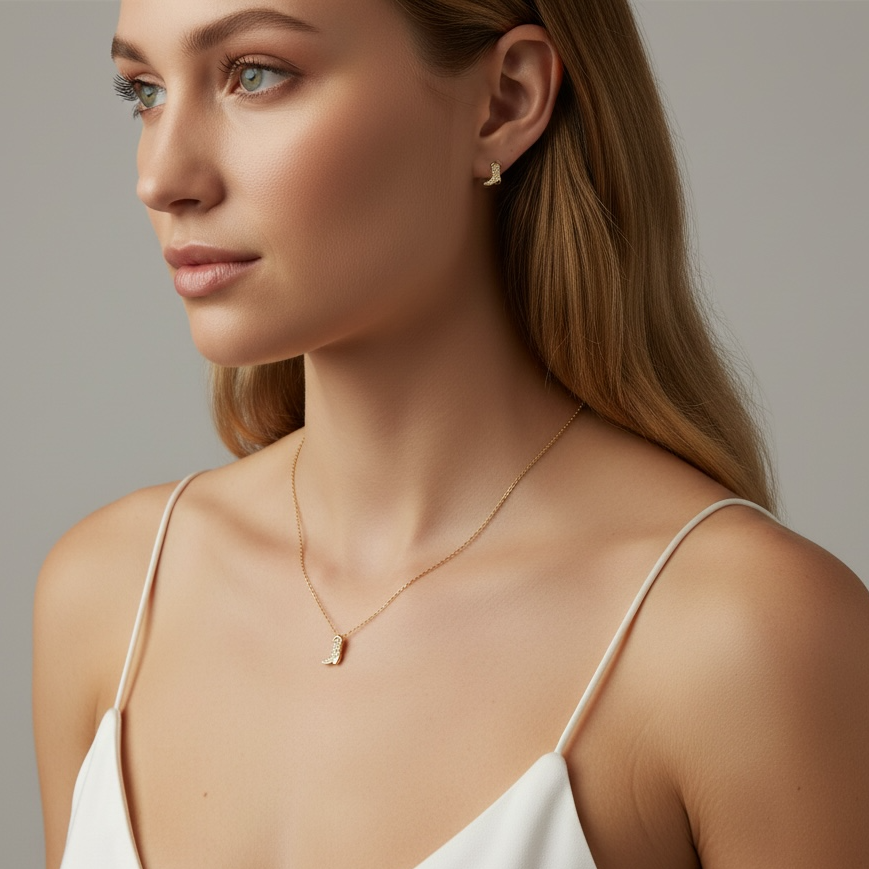 Woman wearing a gold necklace and earring on a neutral background