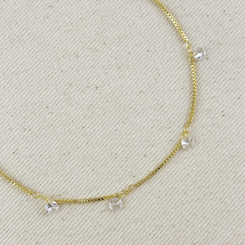 18k Gold Filled  Box Chain & Dangling CZ Stones Necklace