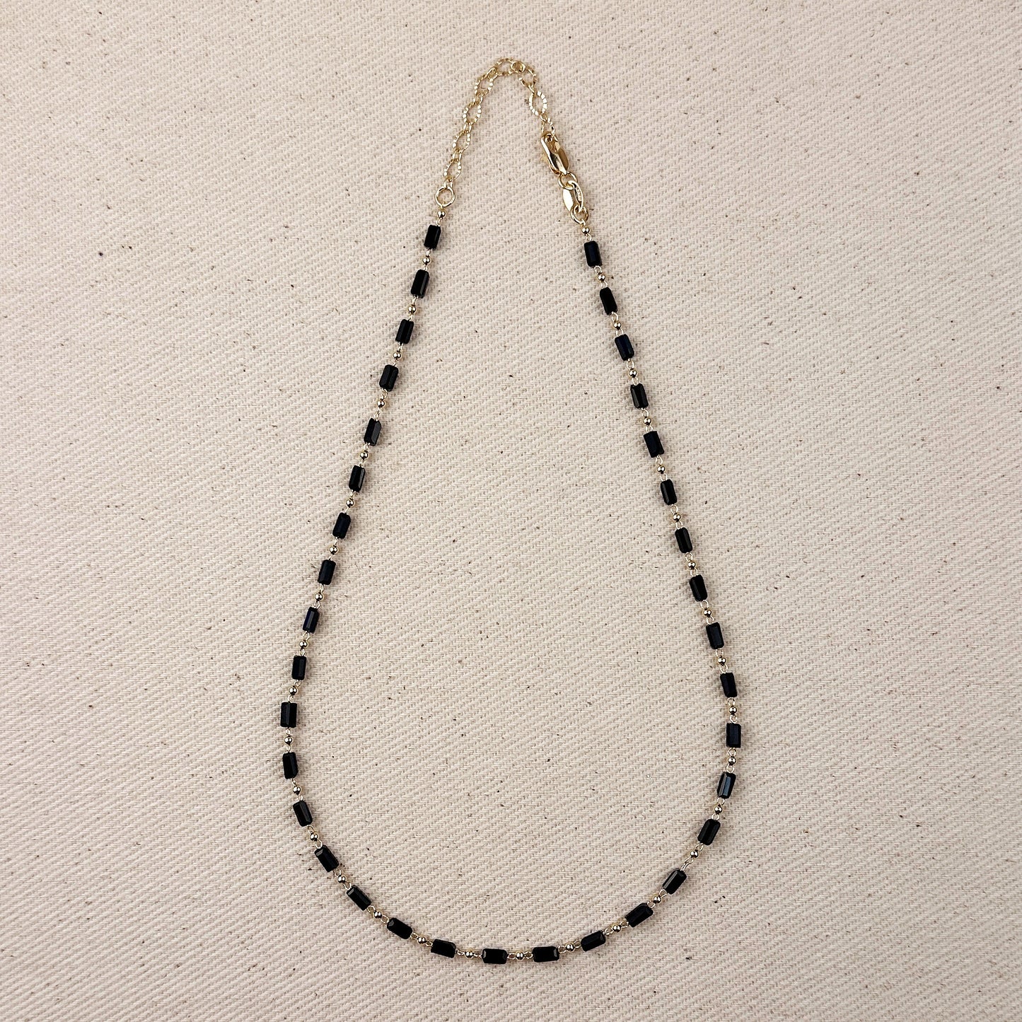 18k Gold Filled 2 mm Black Baguette & Beads Necklace