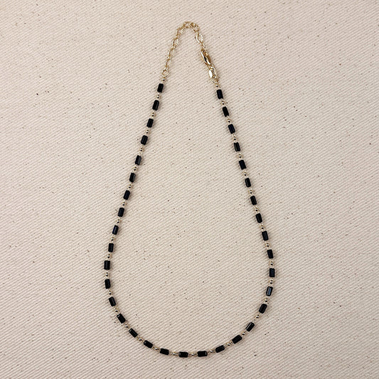 18k Gold Filled 2 mm Black Baguette & Beads Necklace