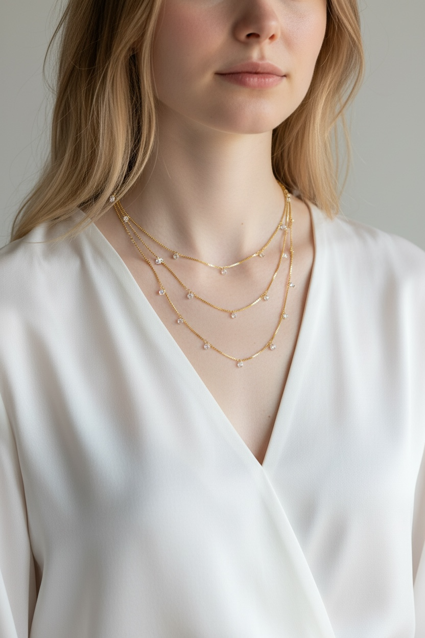 18k Gold Filled  Box Chain & Dangling CZ Stones Necklace