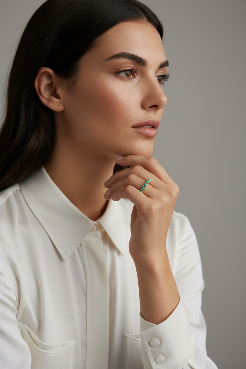 Woman wearing a white  western shirt and  a turquoise stone ring
