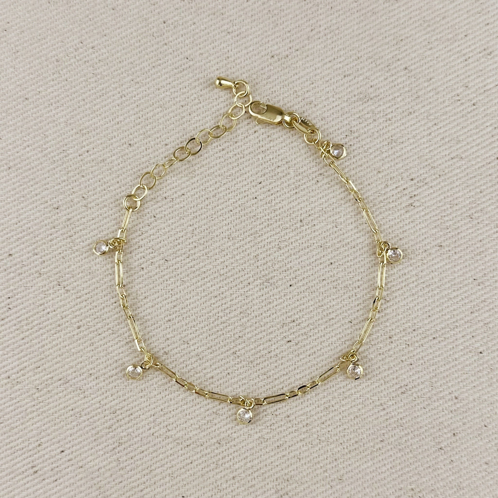 18k Gold Filled Paperclip Chain With Bezel CZ Drops Bracelet