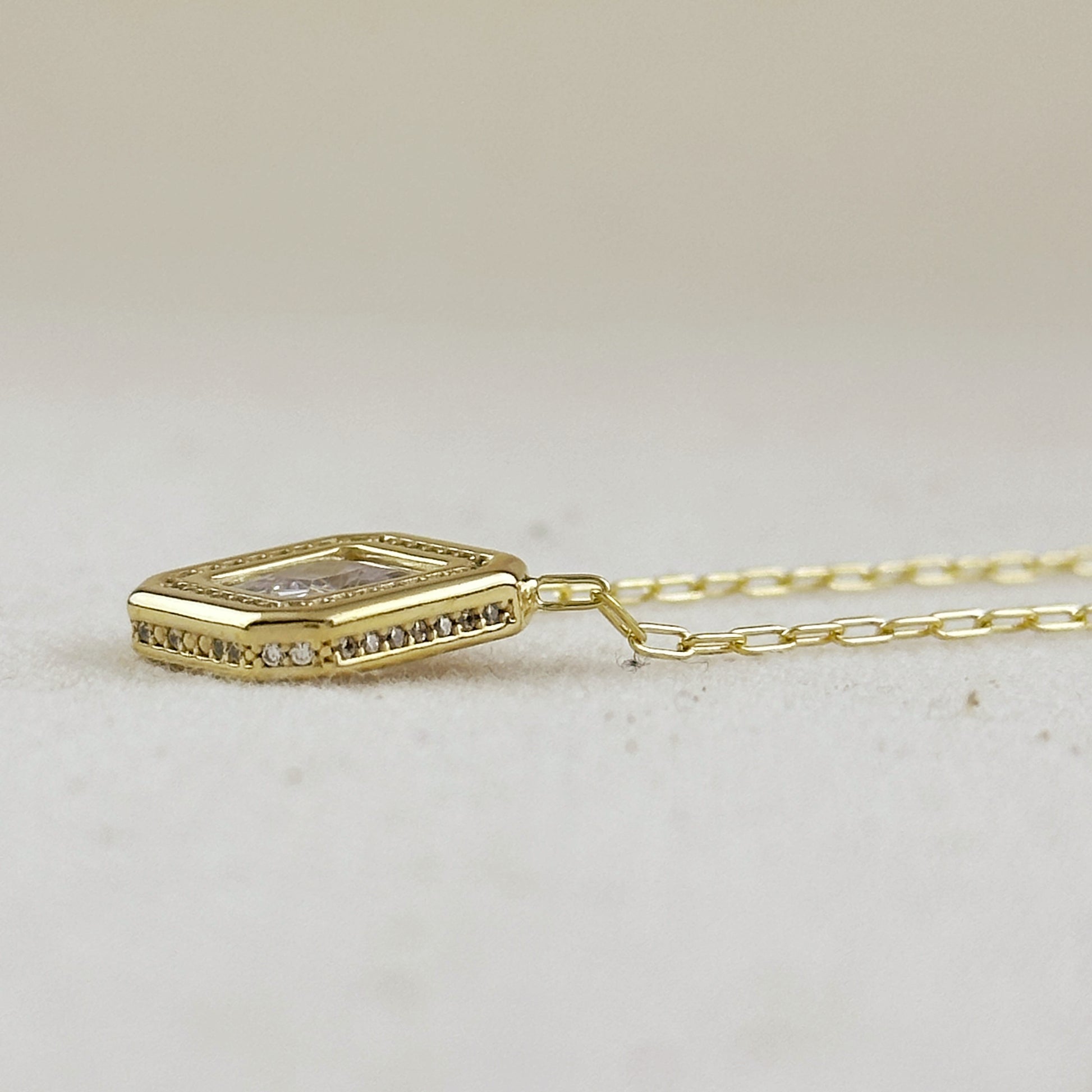 18K Gold Vermeil Bezel Princess Cut CZ Necklace