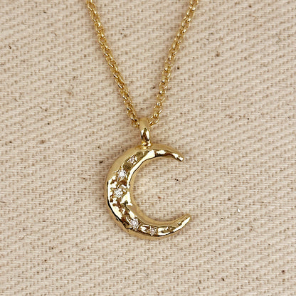 18k Gold Filled Hammered Crescent Moon CZ Necklace