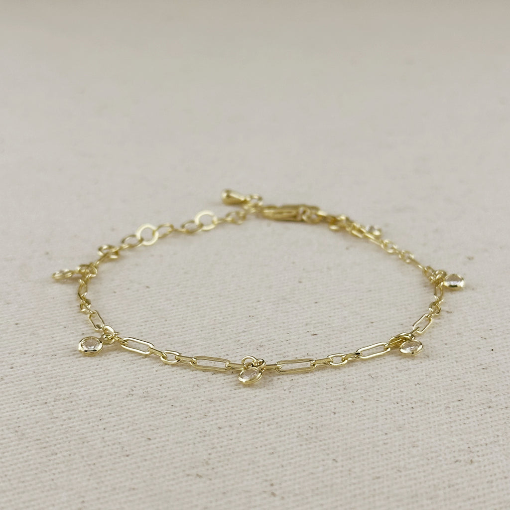 18k Gold Filled Paperclip Chain With Bezel CZ Drops Bracelet