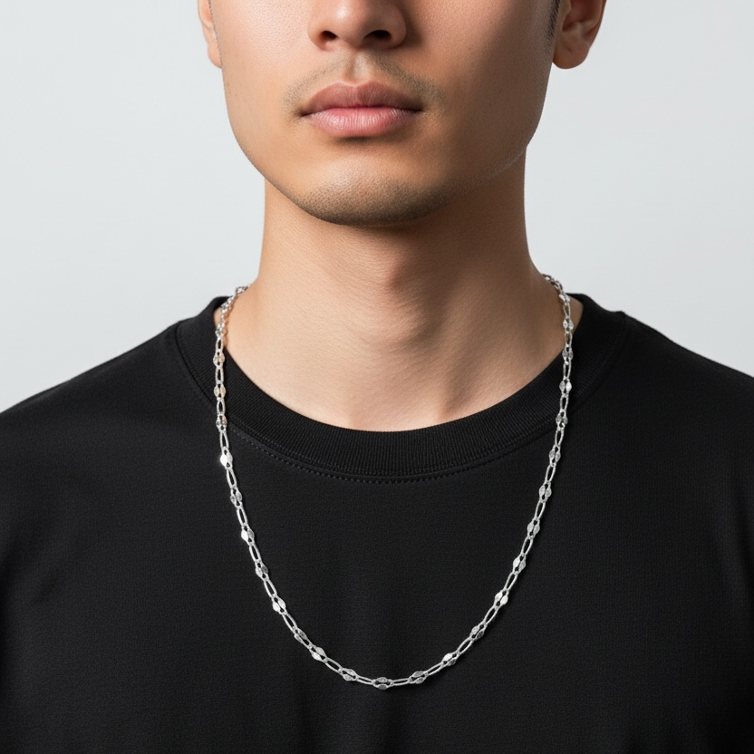 Person wearing a silver chain necklace against a plain background