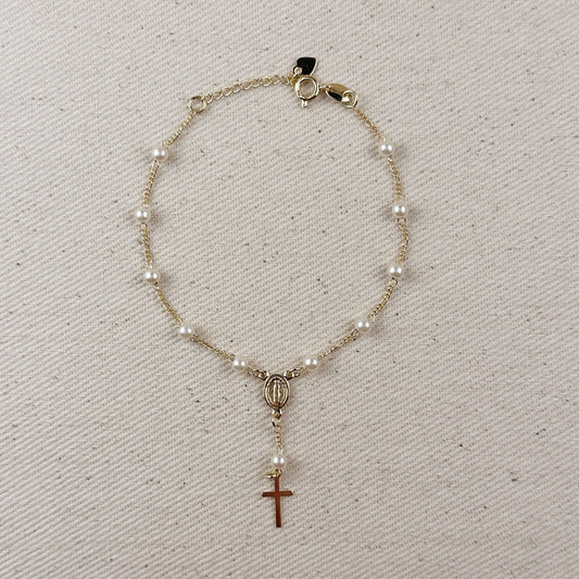 18k Gold Filled Pearl & Figaro Rosary Bracelet