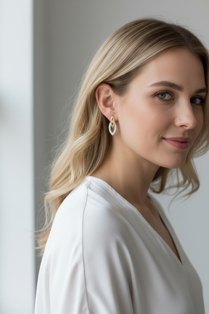 Double Elliptical Gold and Rhodium Earrings Stud