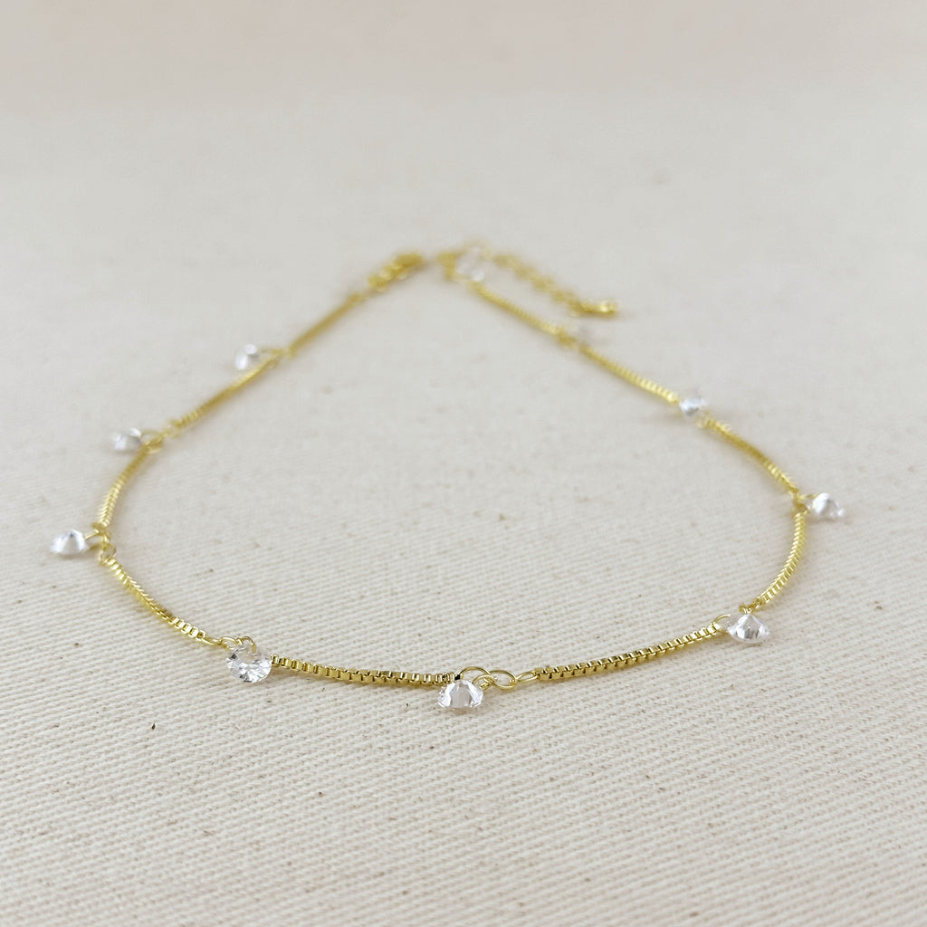 18k Gold Filled  Box Chain & Dangling CZ Stones Necklace