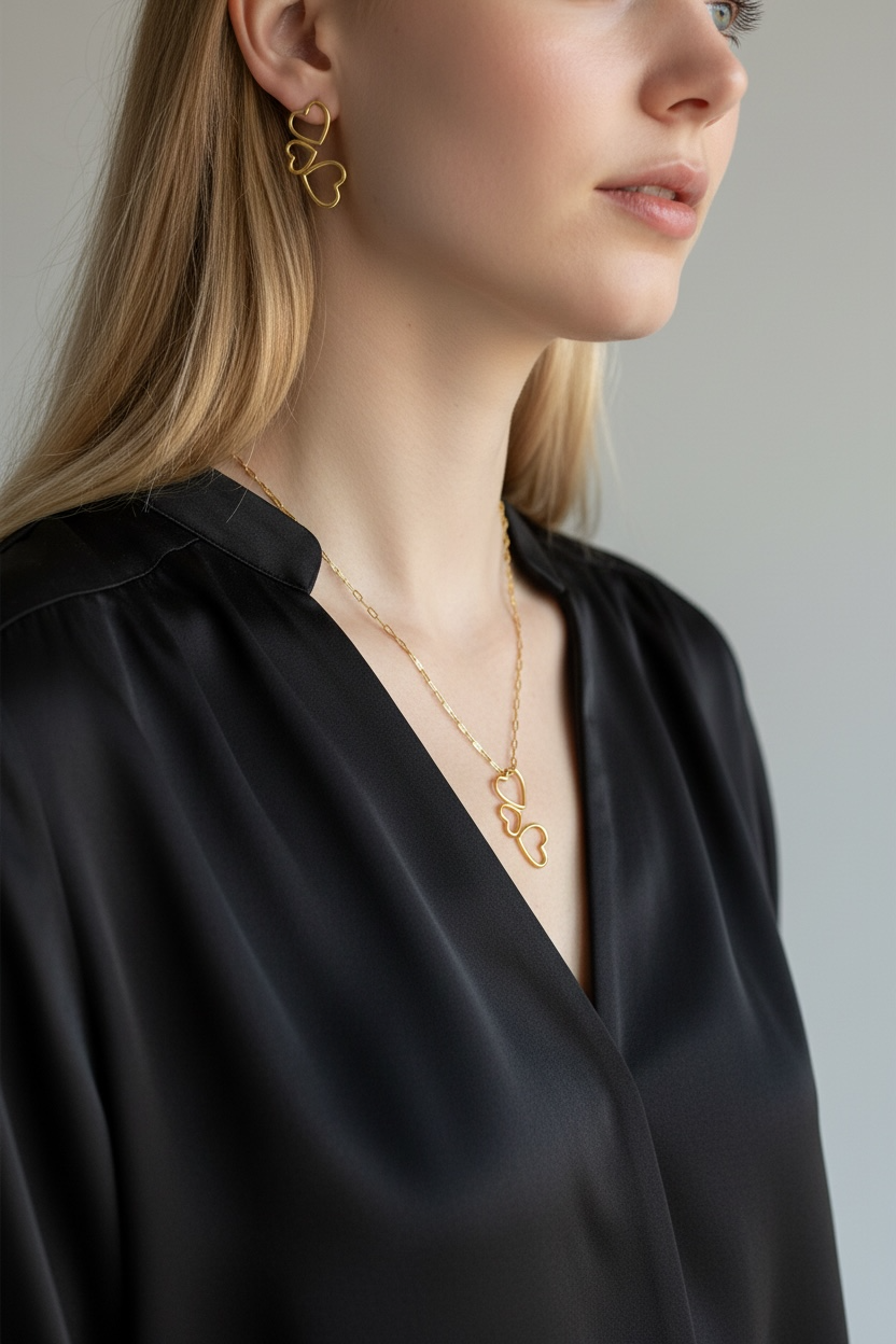 Woman wearing a gold necklace and earrings against a neutral background, valentine's Gift
