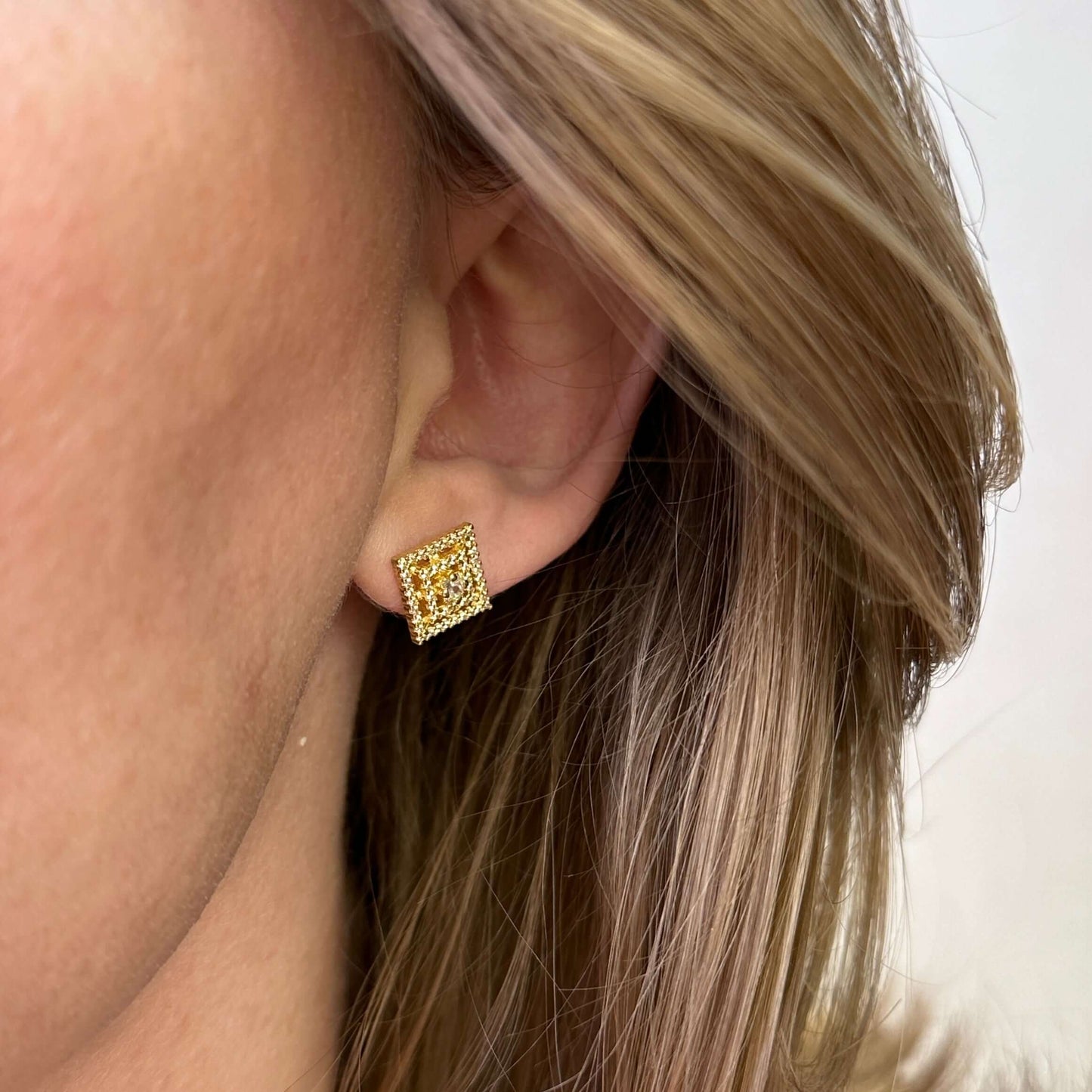 18k Gold Filled Micro CZ Princess Cut Stud Earrings