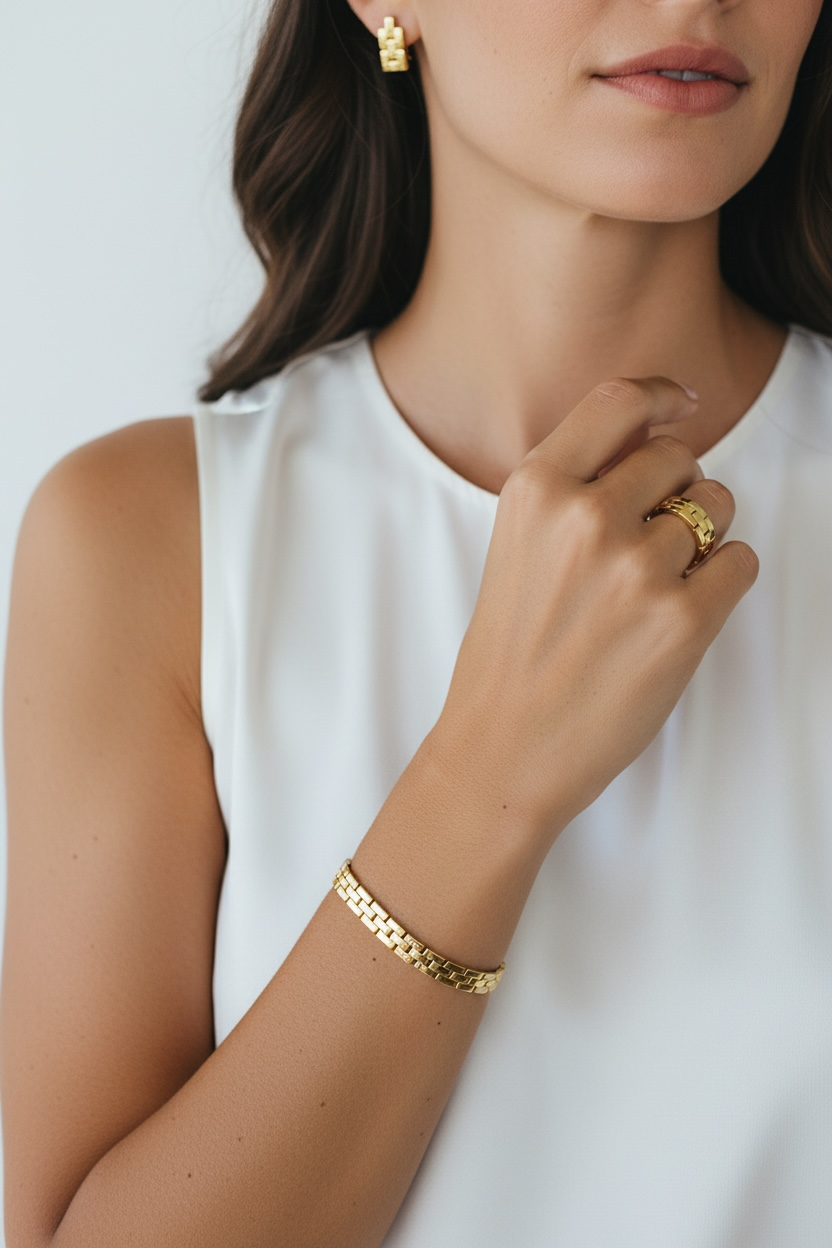 Woman wearing gold jewelry including a bracelet, ring, and earrings on a white background