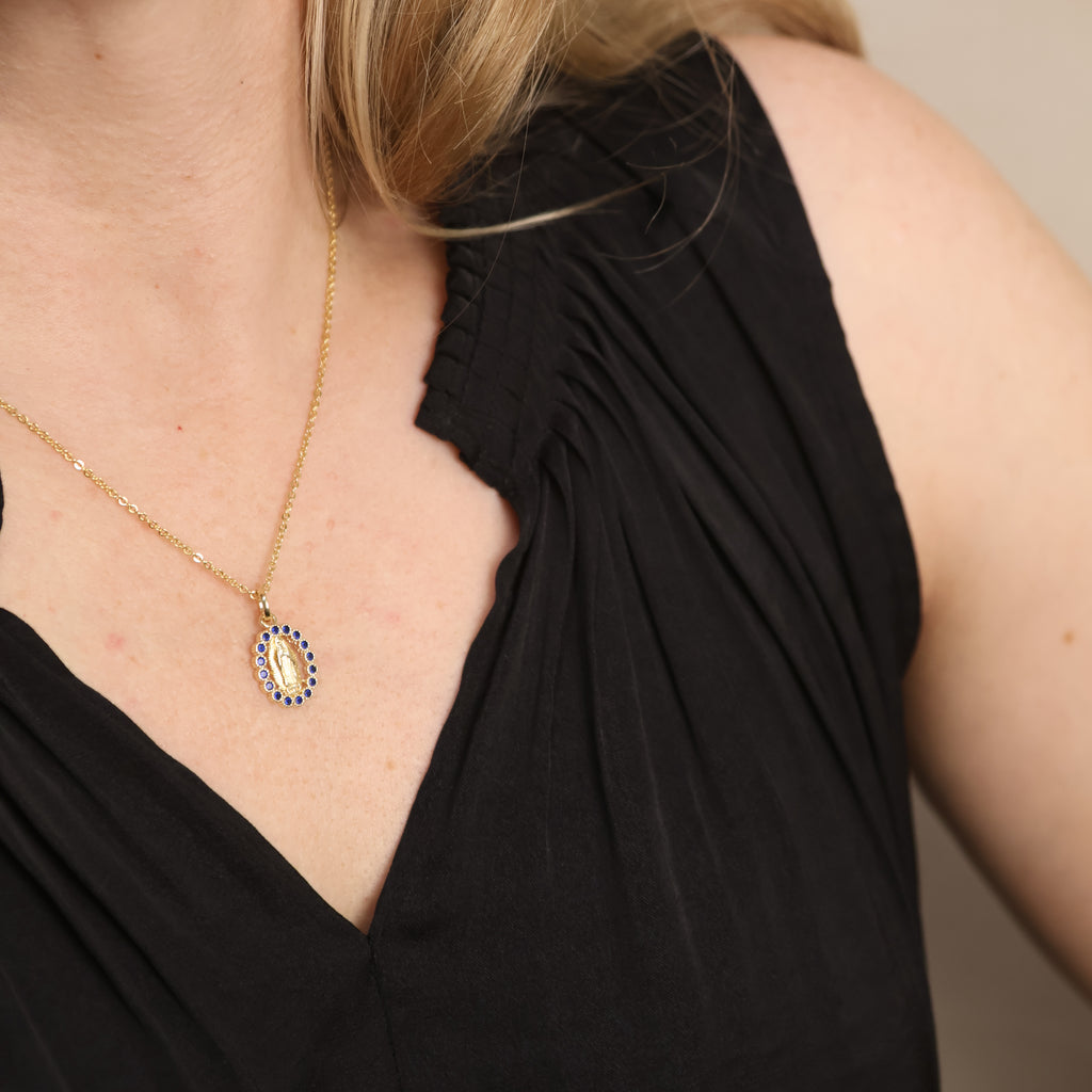 18k Gold Filled Lady of Guadalupe Pendant with Sapphire CZ Stones
