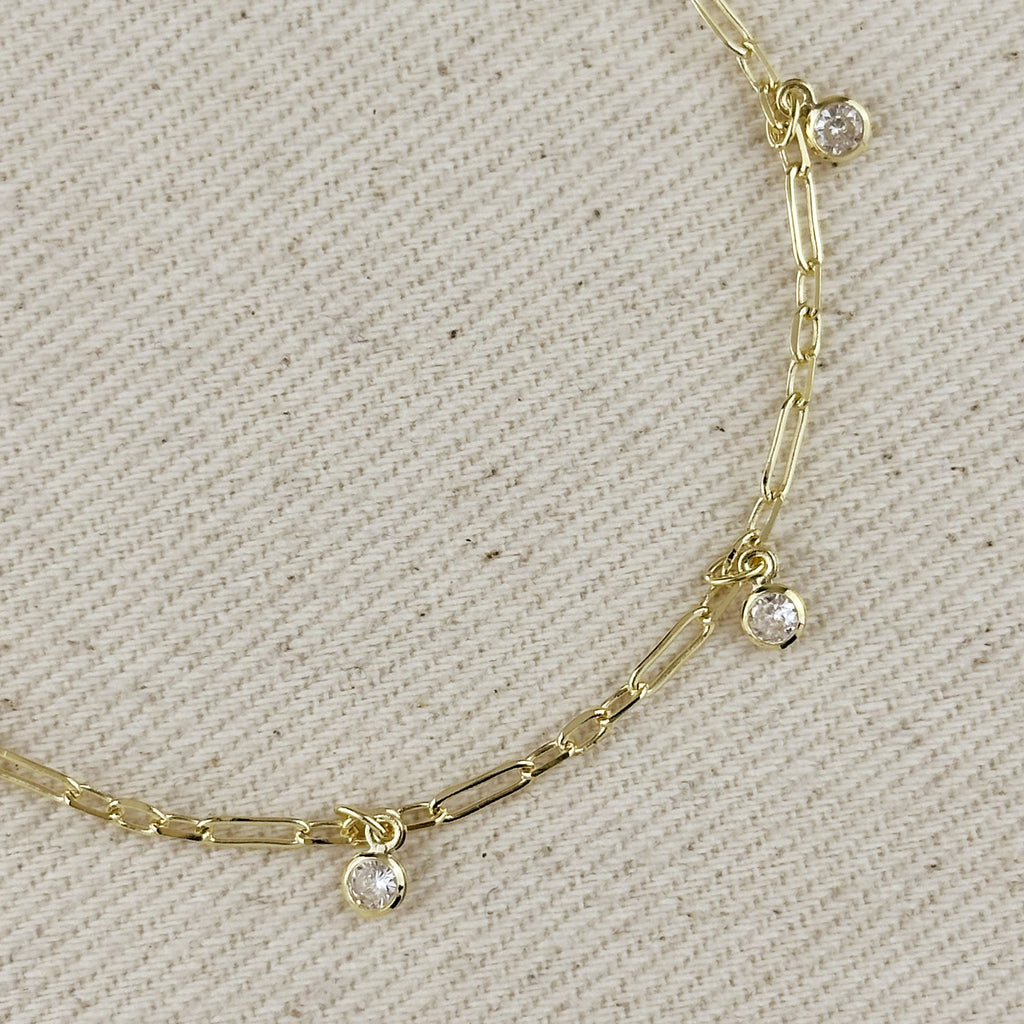 18k Gold Filled Paperclip Chain With Bezel CZ Drops Bracelet