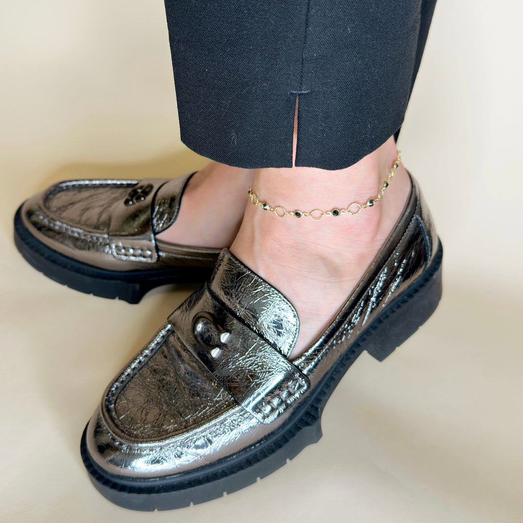 18k Gold Filled Black Bezel CZ & Circles Anklet