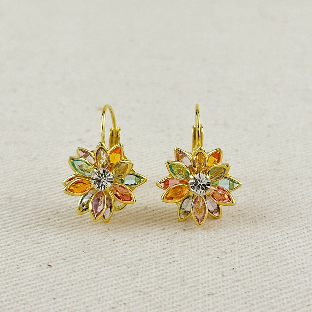 18k Gold Filled Multicolor Crystal Flower Lever Back Earrings