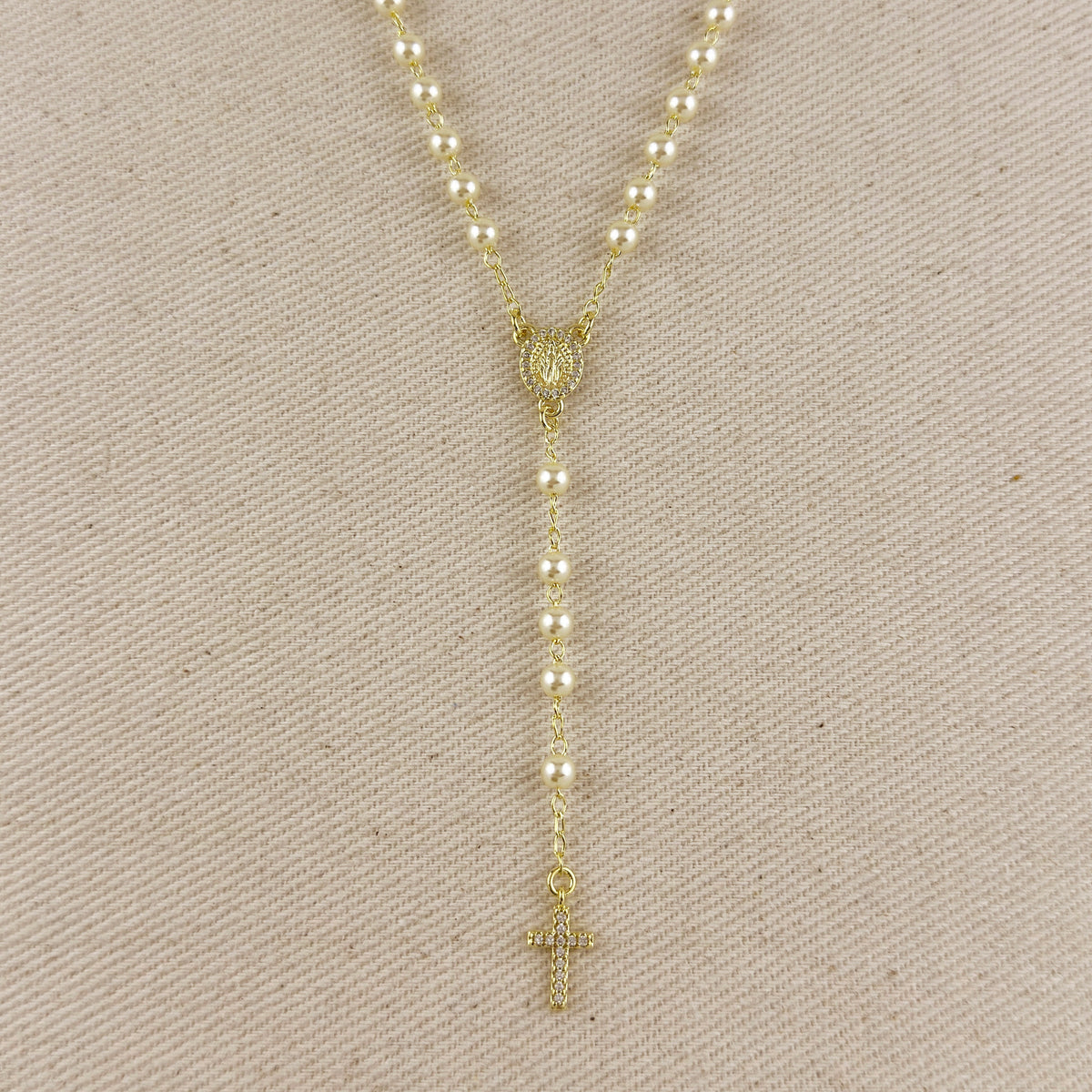 18k Gold Filled Shell Pearl Lady of Grace Rosary Necklace