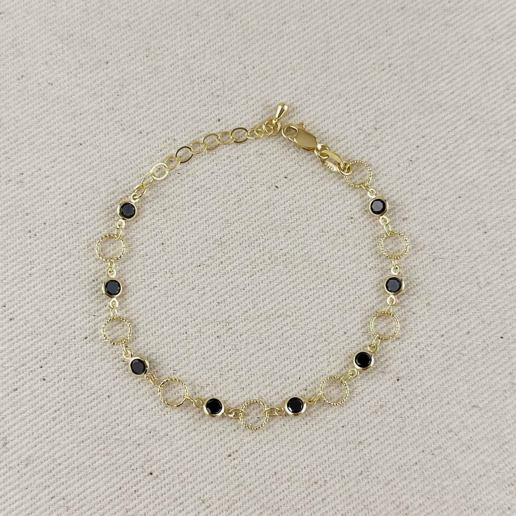 18k Gold Filled Black Bezel CZ & Circles Bracelet