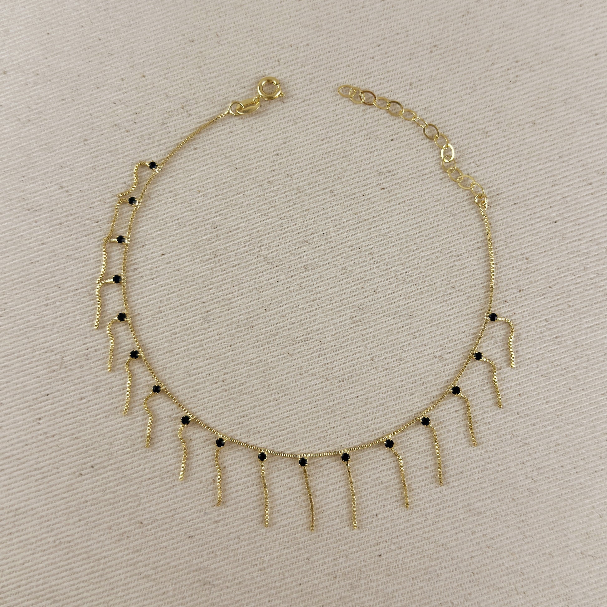 18k Gold Filled Fringed Box Chain Anklet Featuring Details Of Micro Zirconia Available In Multicolor, Black or Clear