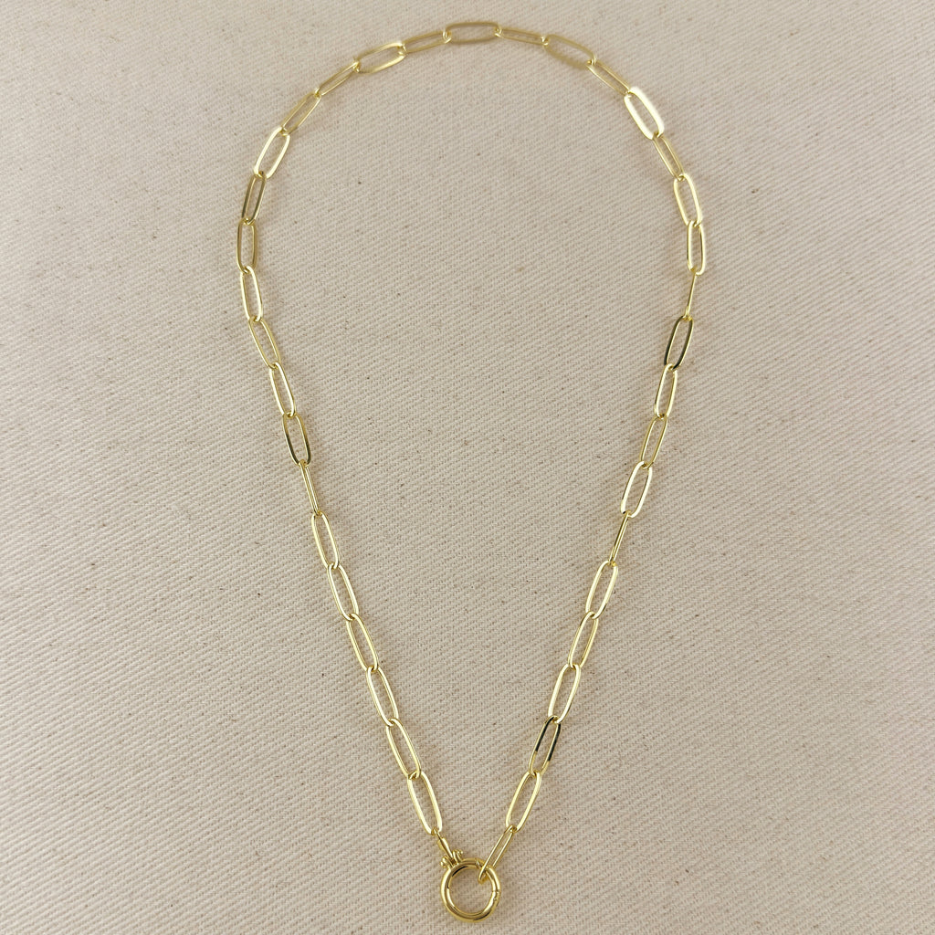 18k Gold Filled Paperclip Chain With Round Clicker Clasp Necklace