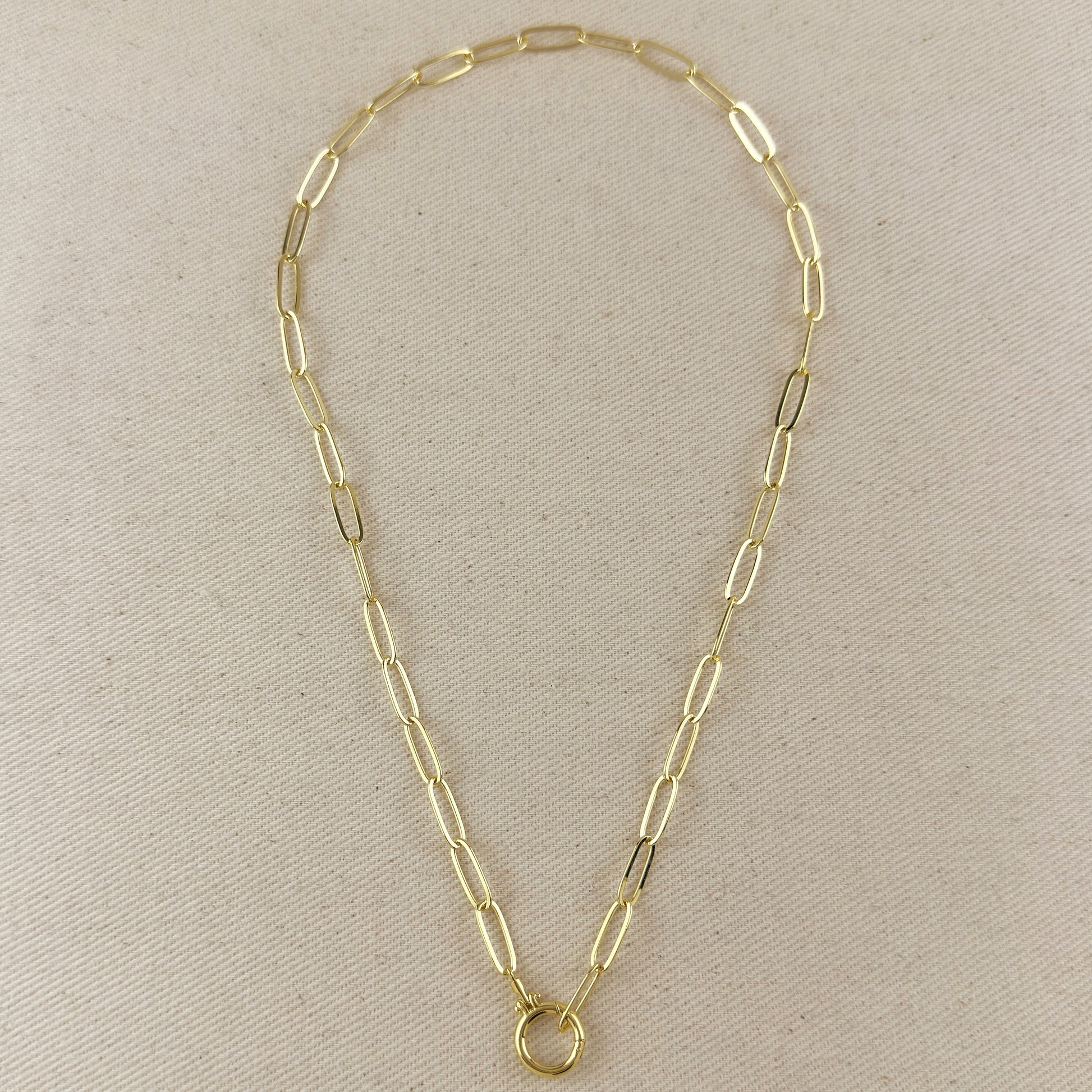 18k Gold Filled Paperclip Chain With Round Clicker Clasp Necklace