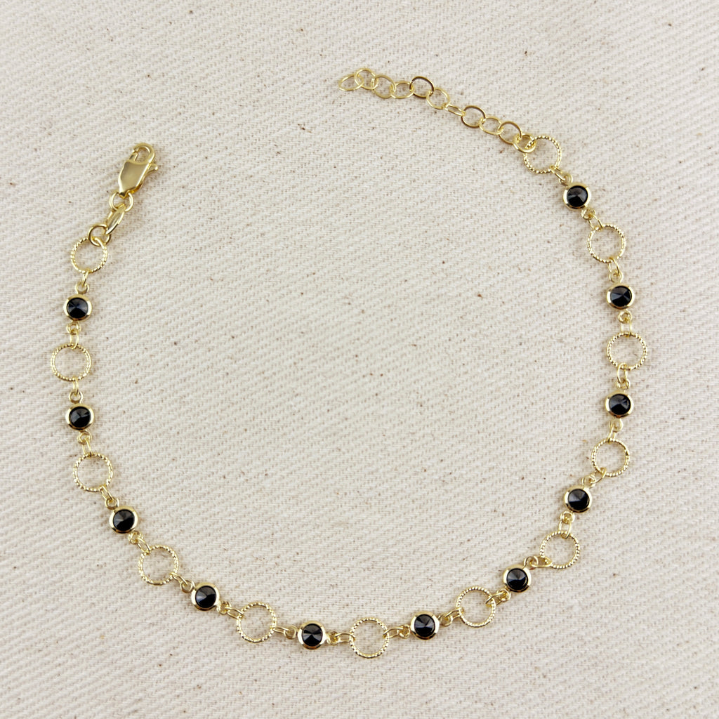 18k Gold Filled Black Bezel CZ & Circles Anklet
