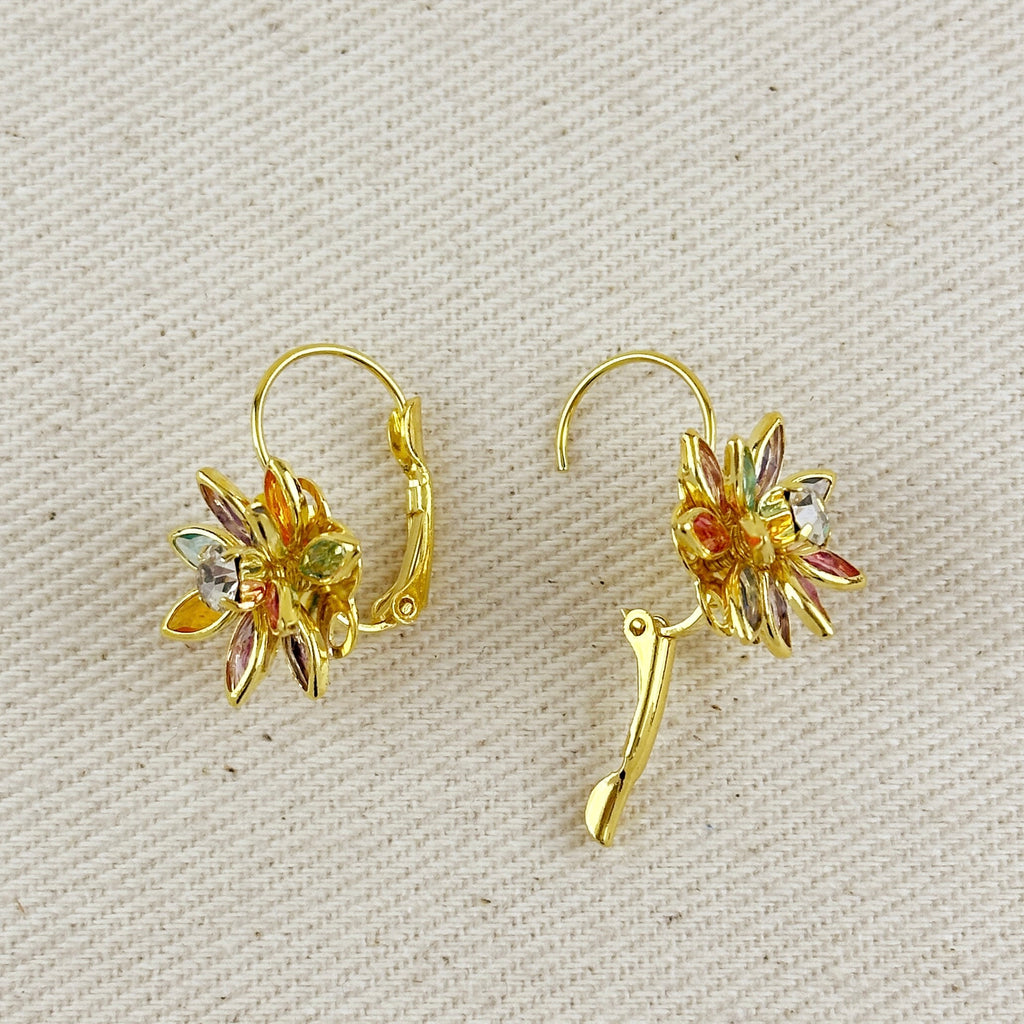 18k Gold Filled Multicolor Crystal Flower Lever Back Earrings