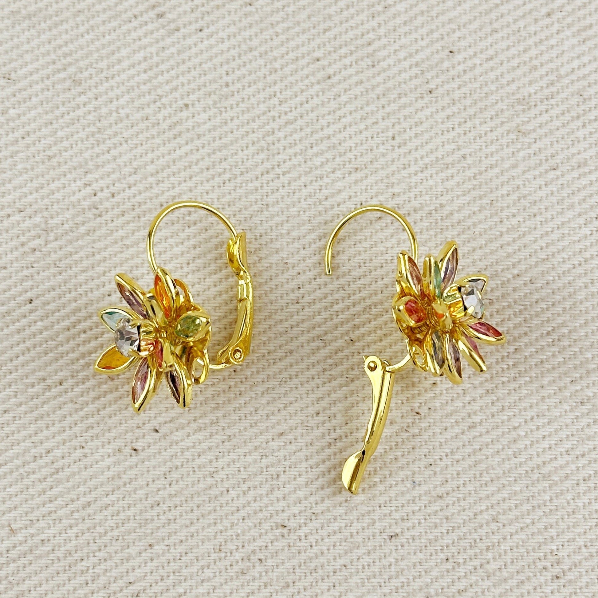 18k Gold Filled Multicolor Crystal Flower Lever Back Earrings