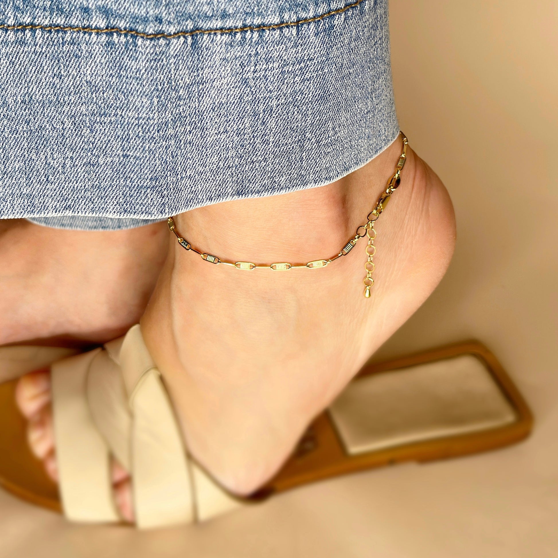 18K Gold Filled Textured Bar Link Anklet