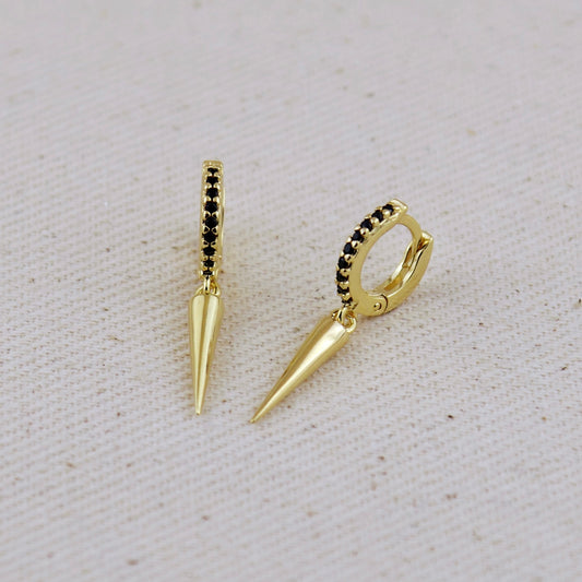 18k Gold Filled Black CZ Hoop Earrings With Spike Drop