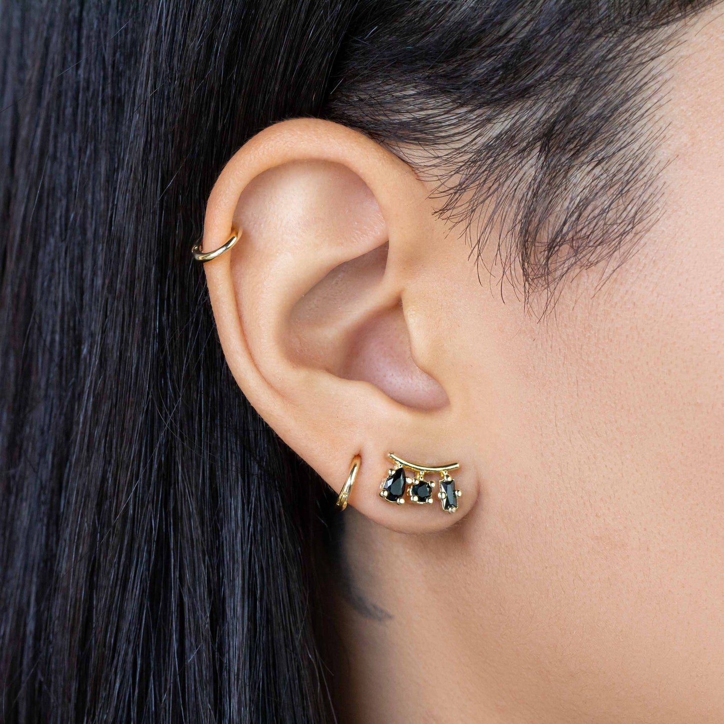18k Gold Filled Black Cubic Zirconia 3-Shapes Stud Earrings